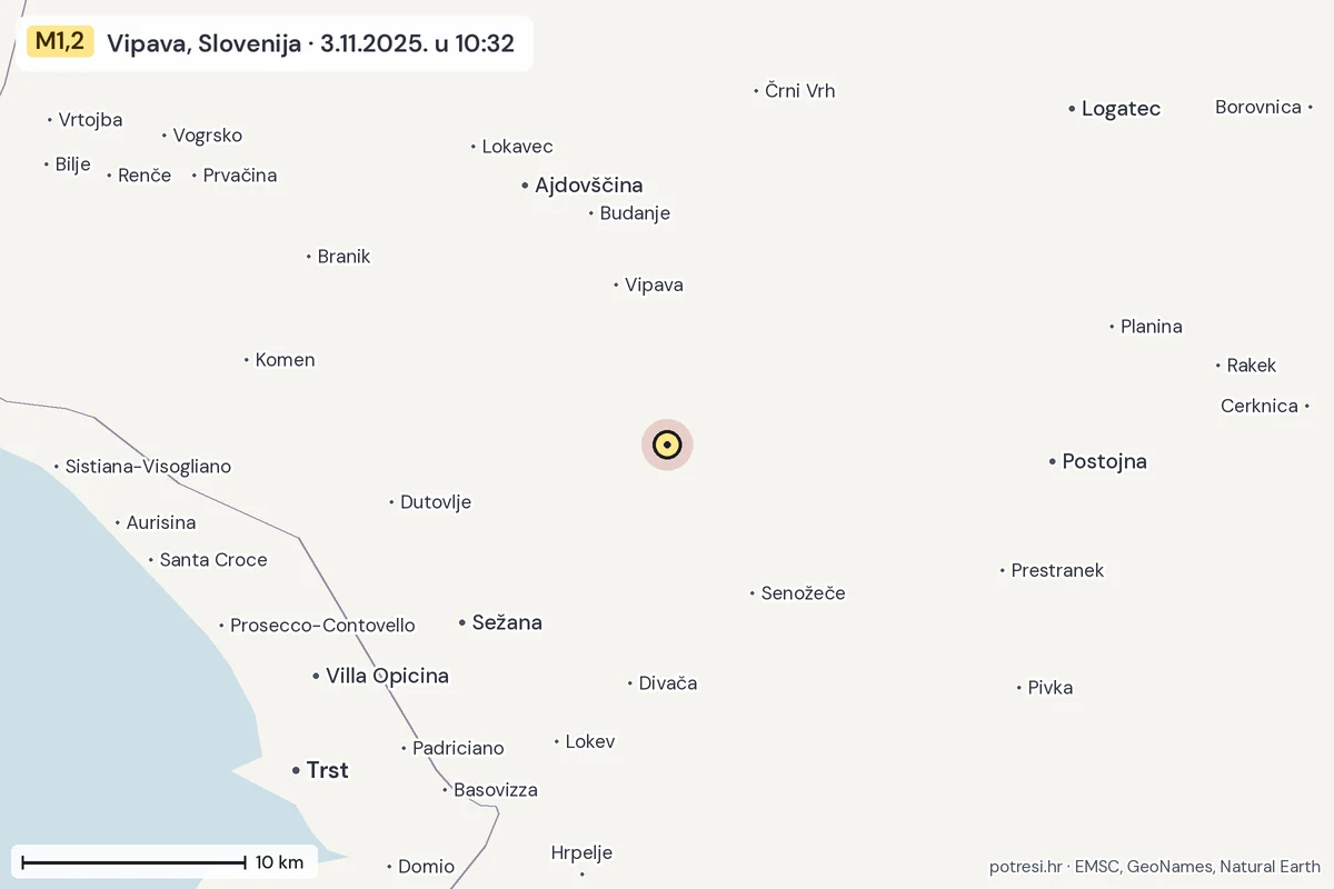 Karta: okolica epicentra, 60 km, potres M1,2, Vipava, Slovenija, 3.11.2025.