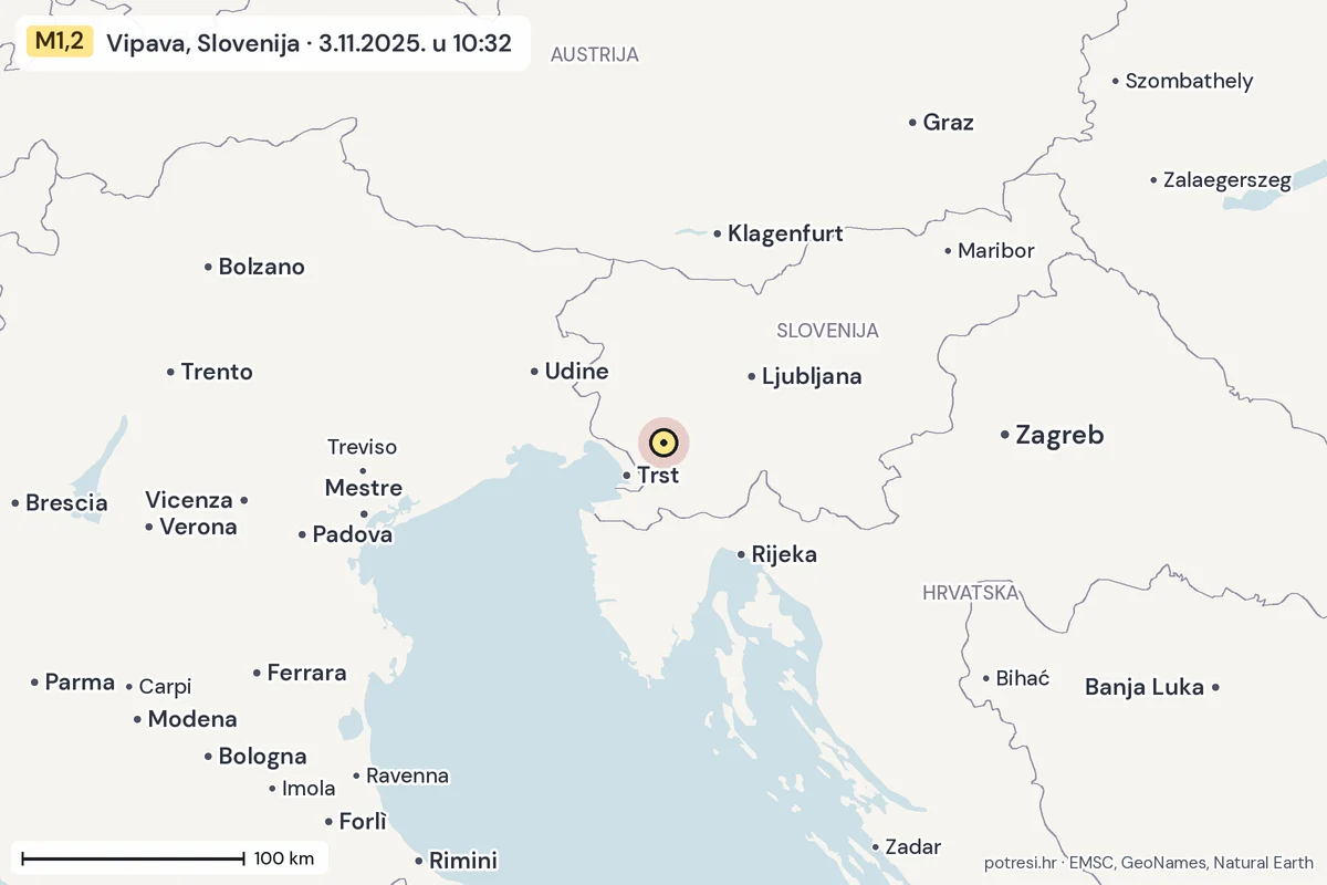 Karta: šire područje, 600 km, potres M1,2, Vipava, Slovenija, 3.11.2025.