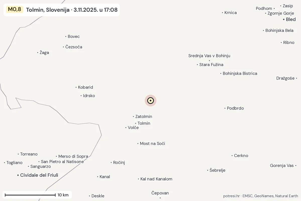 Karta: okolica epicentra, 60 km, potres M0,8, Tolmin, Slovenija, 3.11.2025.