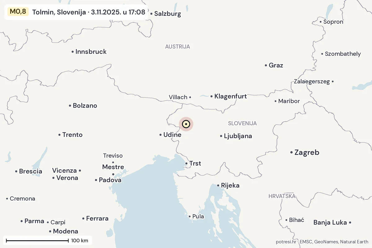 Karta: šire područje, 600 km, potres M0,8, Tolmin, Slovenija, 3.11.2025.