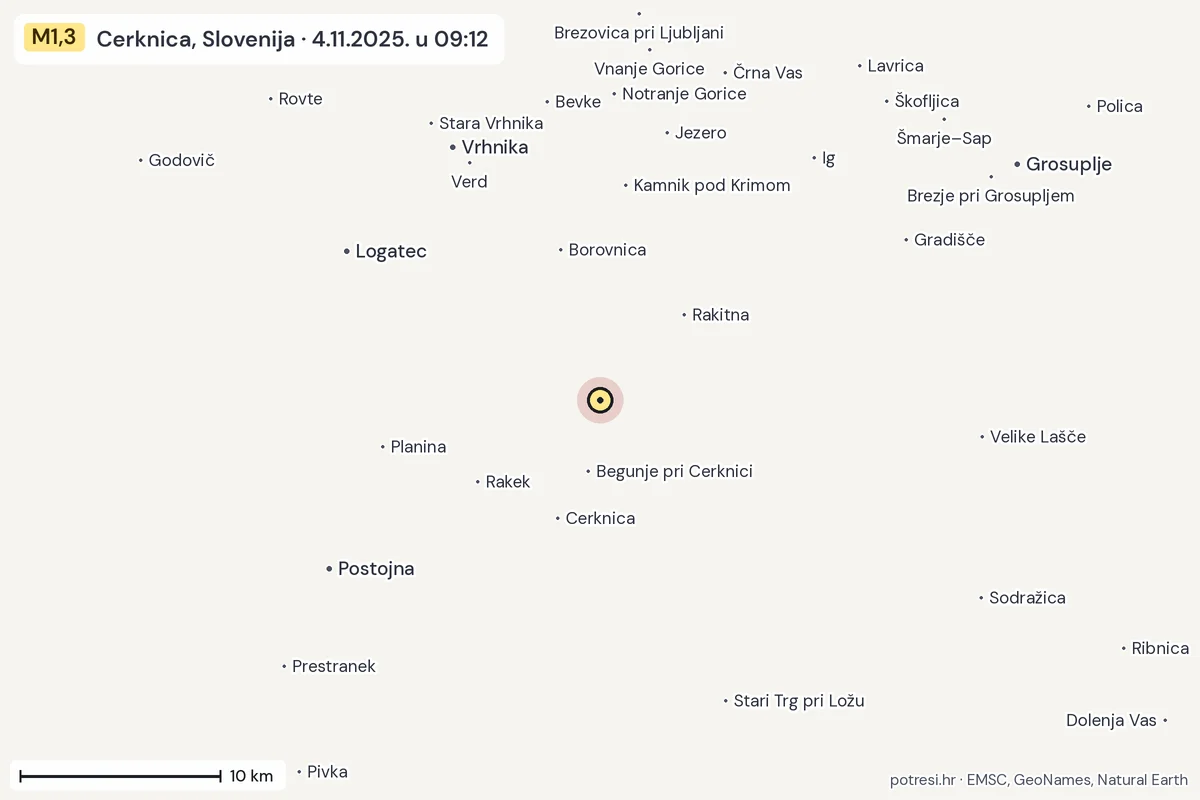 Karta: okolica epicentra, 60 km, potres M1,3, Cerknica, Slovenija, 4.11.2025.