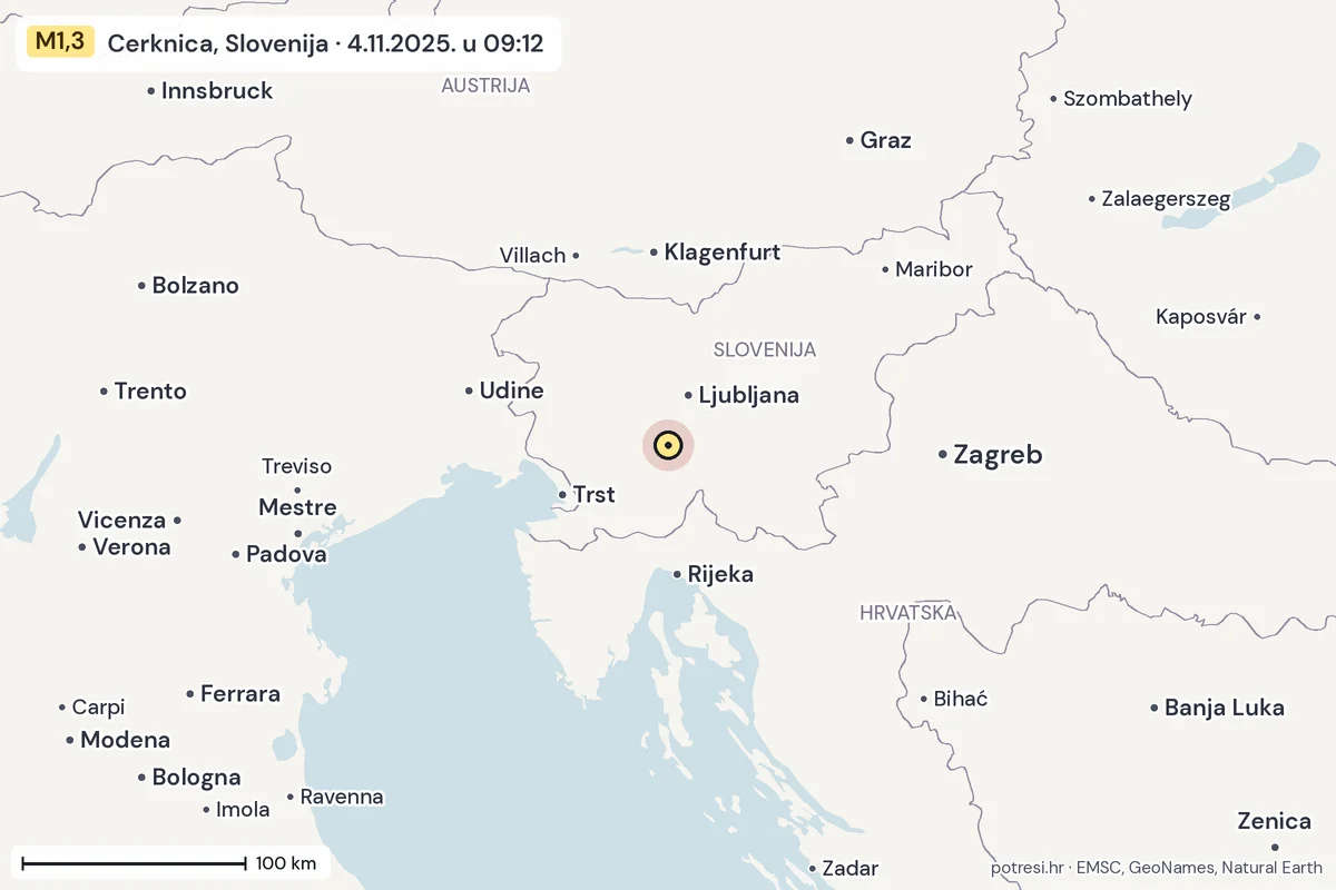 Karta: šire područje, 600 km, potres M1,3, Cerknica, Slovenija, 4.11.2025.