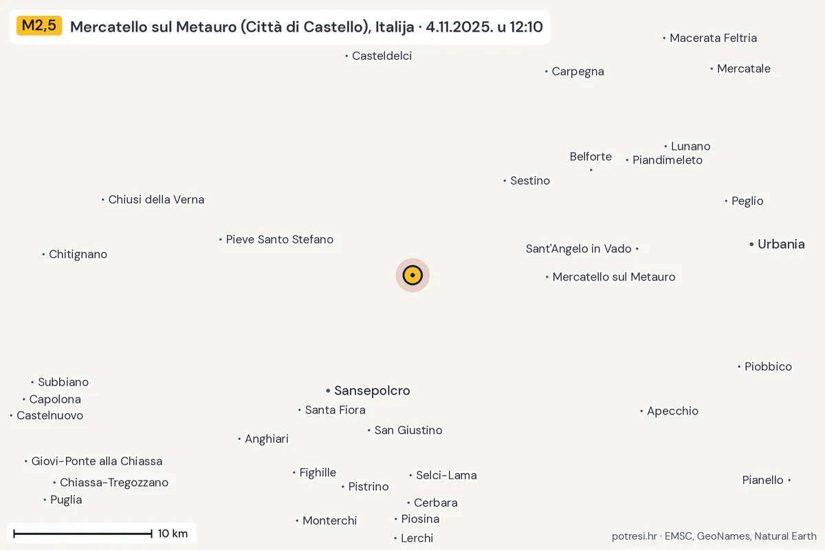 Karta: okolica epicentra, 60 km, potres M2,5, Mercatello sul Metauro (Città di Castello), Italija, 4.11.2025.
