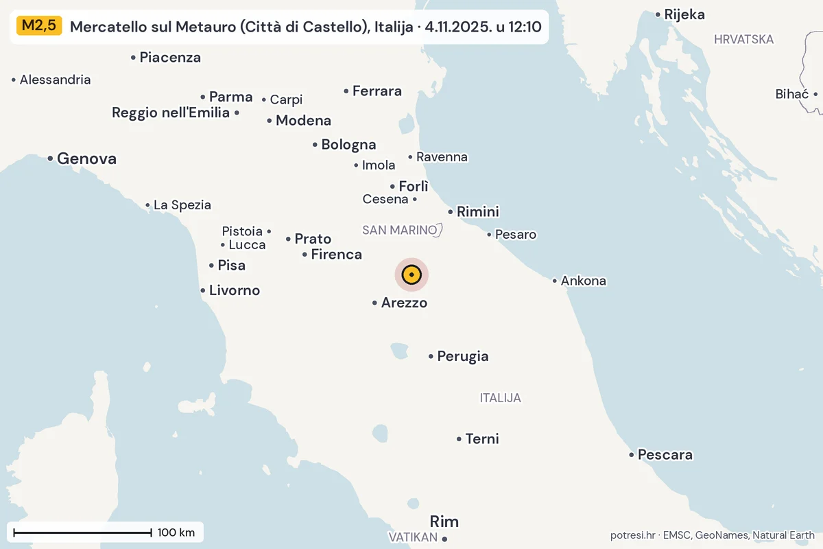 Karta: šire područje, 600 km, potres M2,5, Mercatello sul Metauro (Città di Castello), Italija, 4.11.2025.