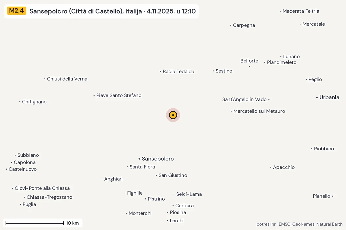 Karta: okolica epicentra, 60 km, potres M2,4, Sansepolcro (Città di Castello), Italija, 4.11.2025.
