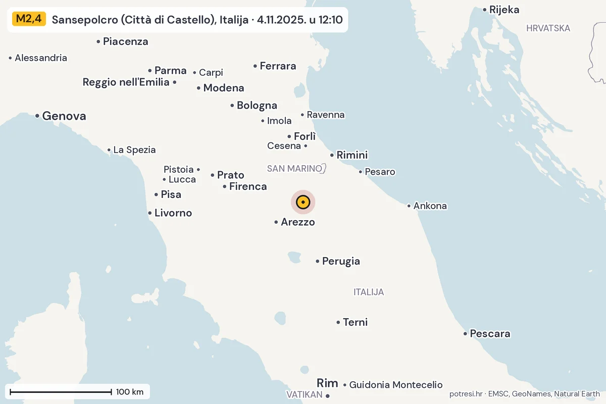 Karta: šire područje, 600 km, potres M2,4, Sansepolcro (Città di Castello), Italija, 4.11.2025.