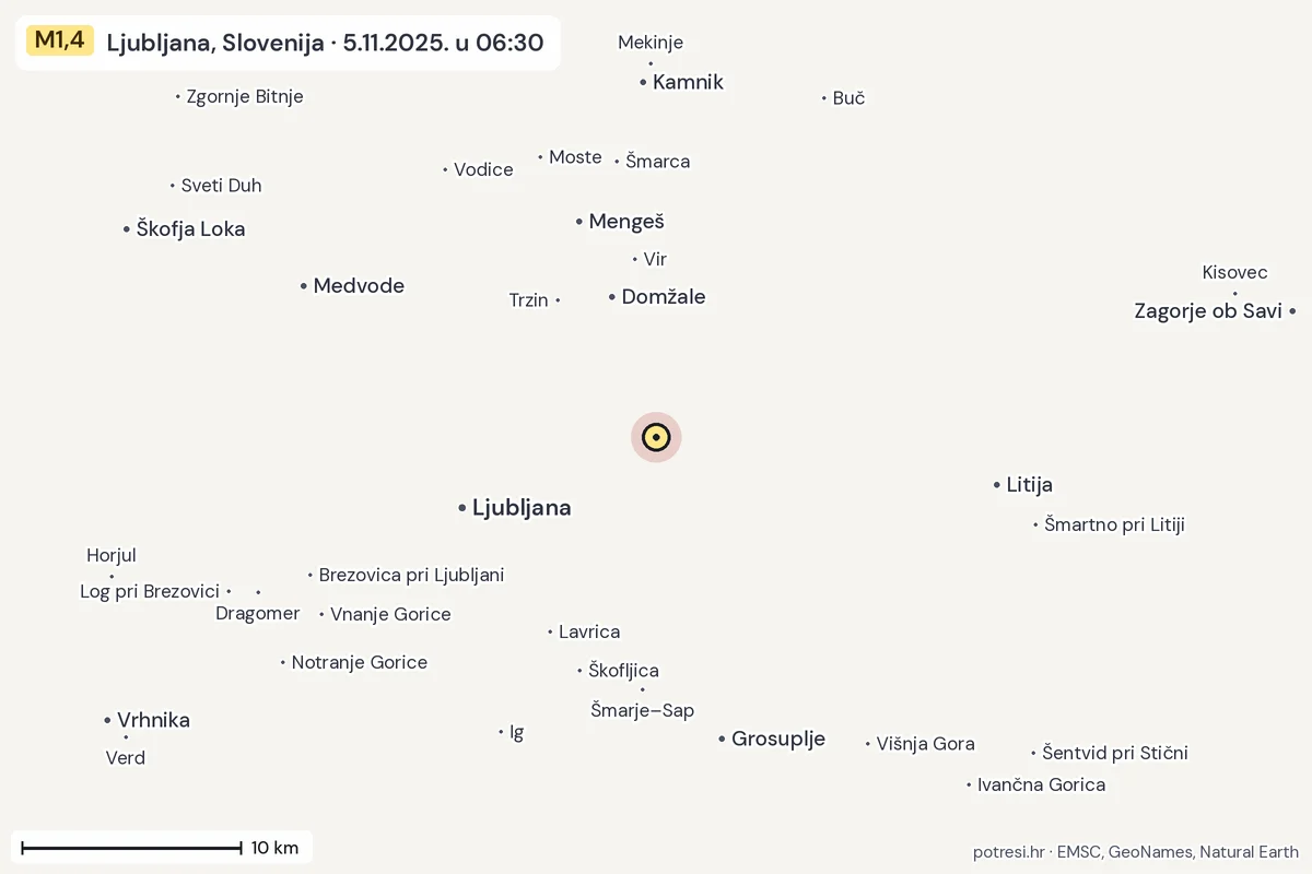 Karta: okolica epicentra, 60 km, potres M1,4, Ljubljana, Slovenija, 5.11.2025.