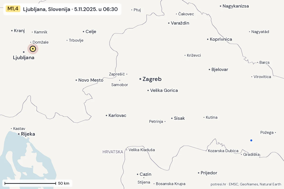 Karta: izvješća građana, potres M1,4, Ljubljana, Slovenija, 5.11.2025.