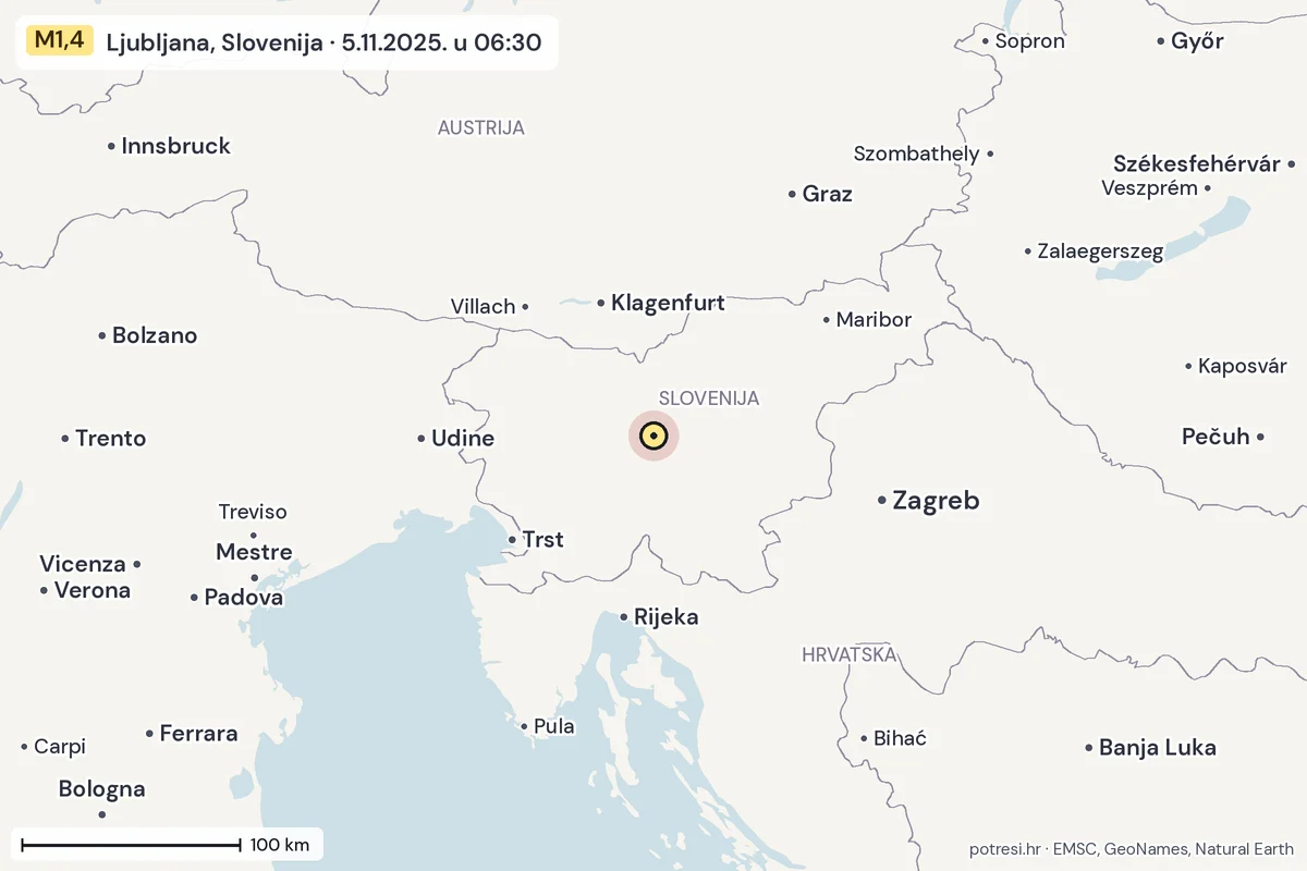 Karta: šire područje, 600 km, potres M1,4, Ljubljana, Slovenija, 5.11.2025.