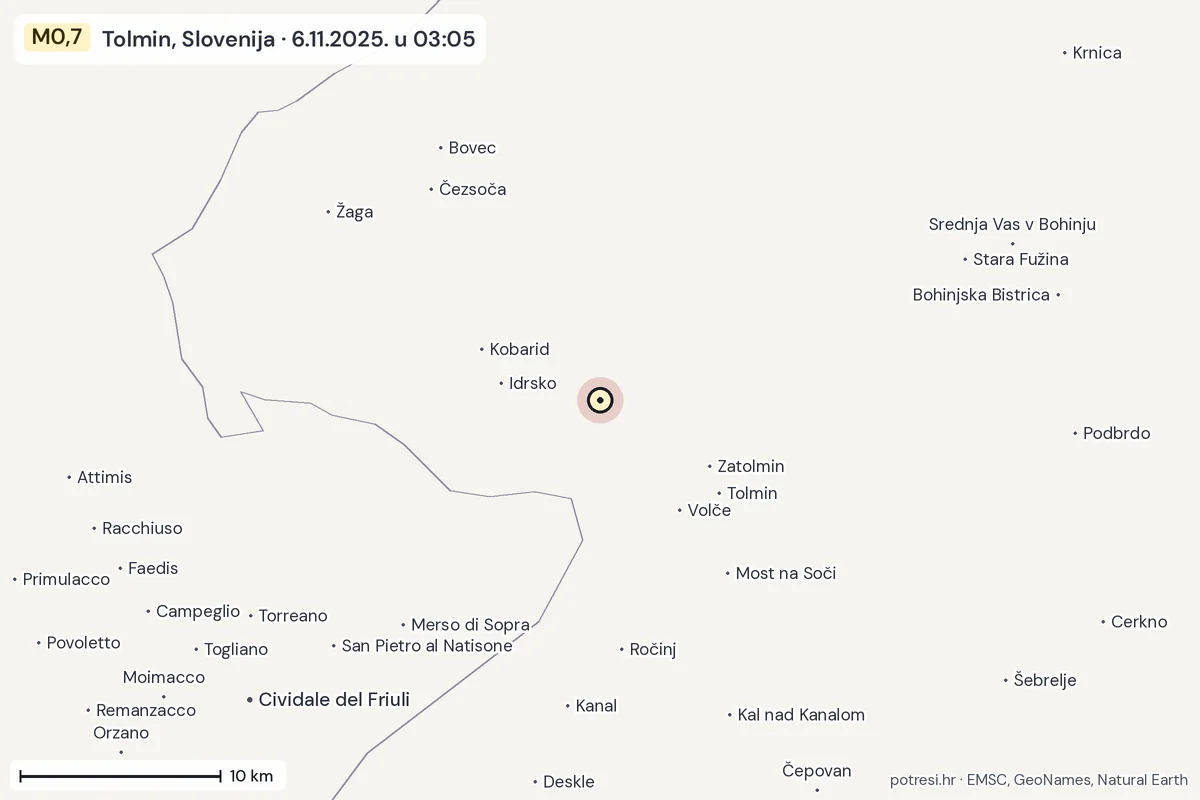 Karta: okolica epicentra, 60 km, potres M0,7, Tolmin, Slovenija, 6.11.2025.