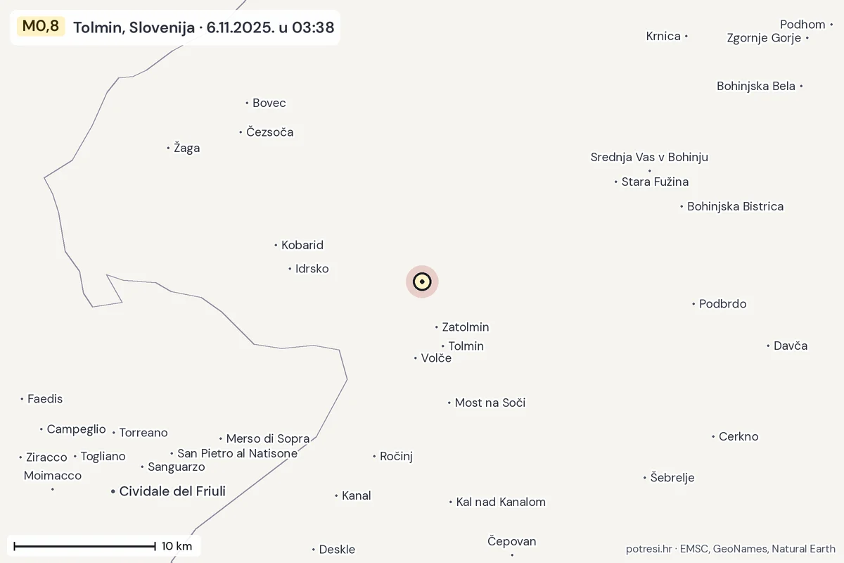 Karta: okolica epicentra, 60 km, potres M0,8, Tolmin, Slovenija, 6.11.2025.