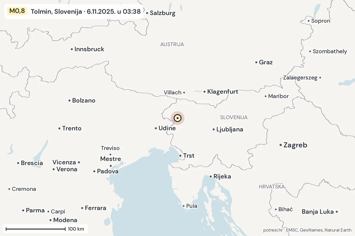 Karta: šire područje, 600 km, potres M0,8, Tolmin, Slovenija, 6.11.2025.