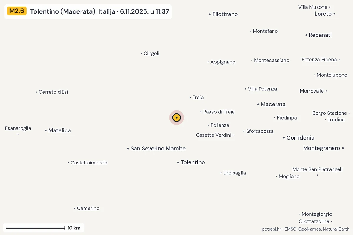 Karta: okolica epicentra, 60 km, potres M2,6, Tolentino (Macerata), Italija, 6.11.2025.