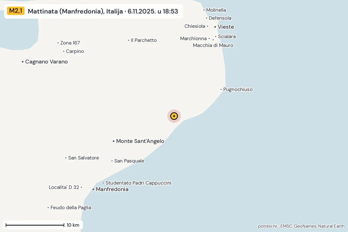 Karta: okolica epicentra, 60 km, potres M2,1, Mattinata (Manfredonia), Italija, 6.11.2025.