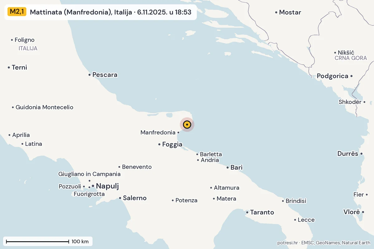 Karta: šire područje, 600 km, potres M2,1, Mattinata (Manfredonia), Italija, 6.11.2025.