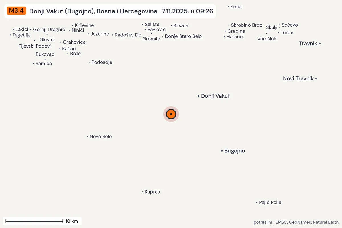 Karta: okolica epicentra, 60 km, potres M3,4, Donji Vakuf (Bugojno), Bosna i Hercegovina, 7.11.2025.