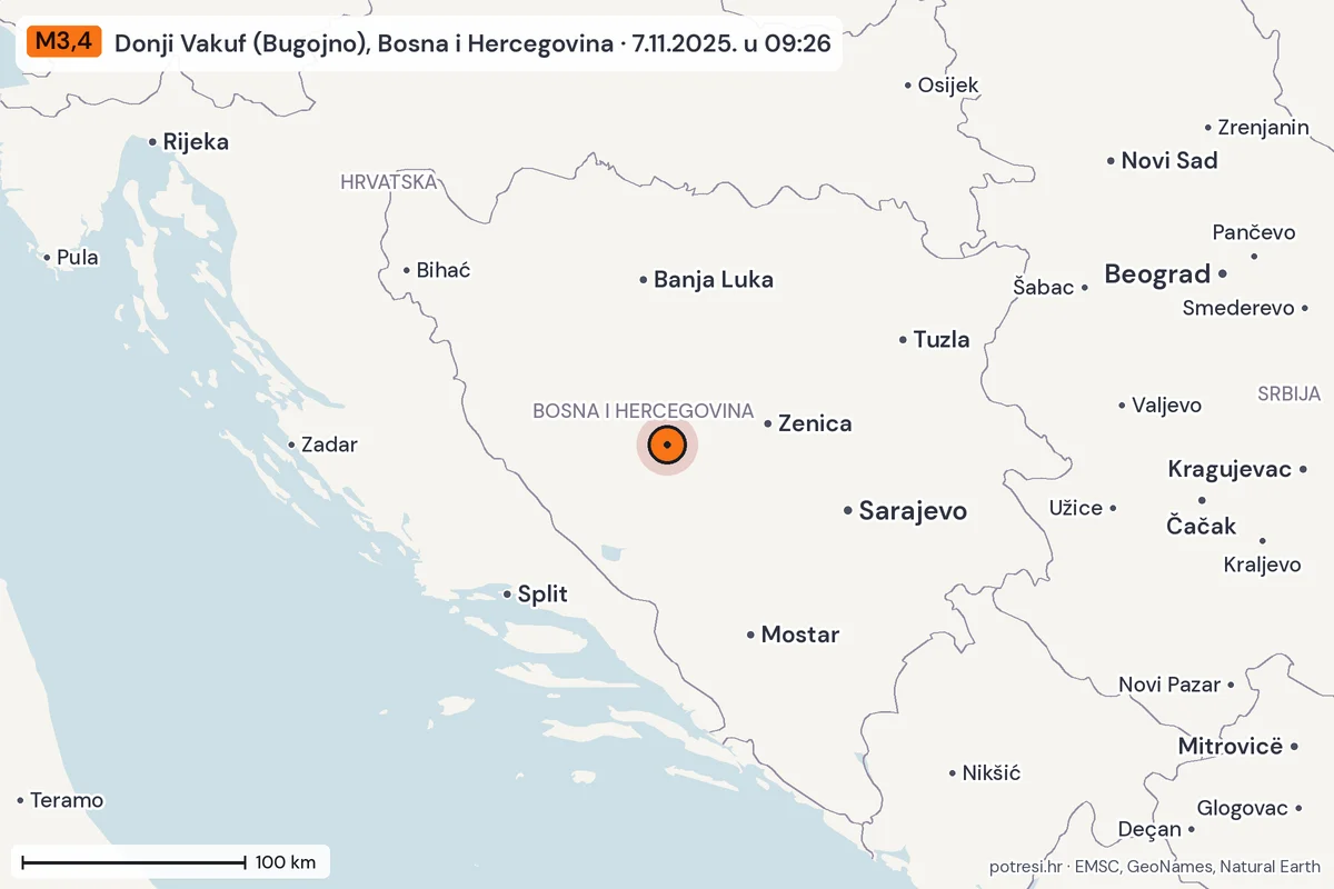 Karta: šire područje, 600 km, potres M3,4, Donji Vakuf (Bugojno), Bosna i Hercegovina, 7.11.2025.