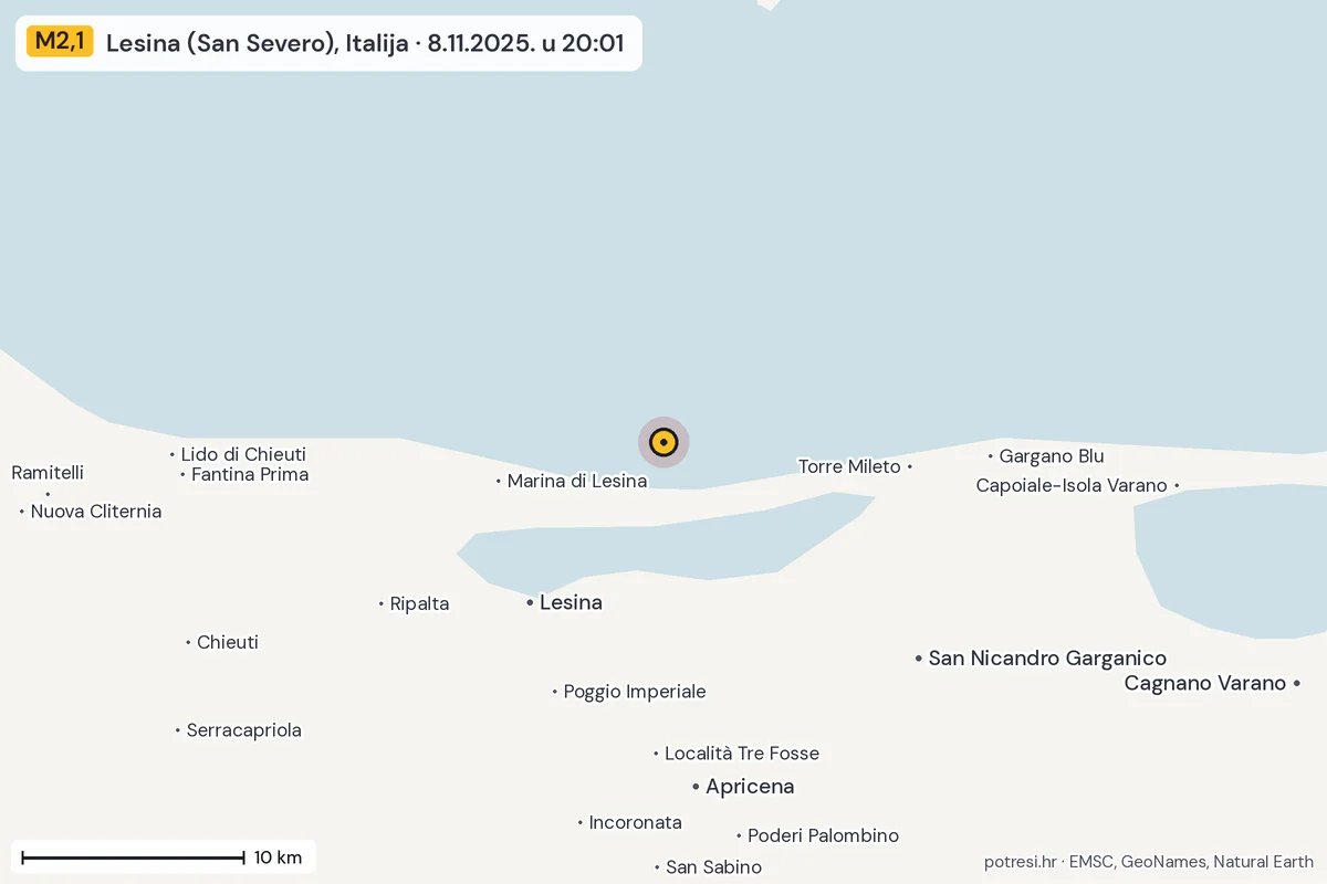 Karta: okolica epicentra, 60 km, potres M2,1, Lesina (San Severo), Italija, 8.11.2025.