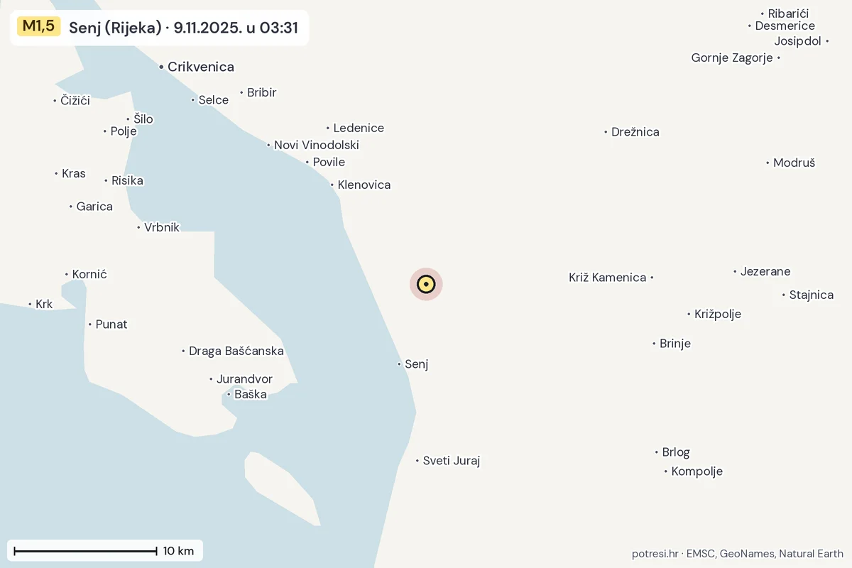 Karta: okolica epicentra, 60 km, potres M1,5, Senj (Rijeka), 9.11.2025.