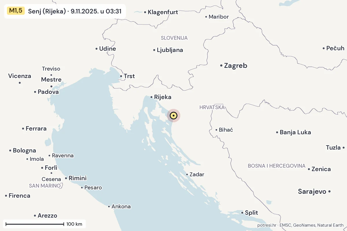 Karta: šire područje, 600 km, potres M1,5, Senj (Rijeka), 9.11.2025.