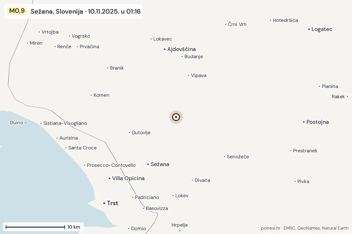 Karta: okolica epicentra, 60 km, potres M0,9, Sežana, Slovenija, 10.11.2025.