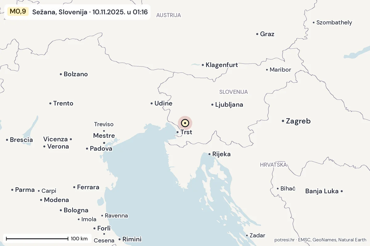 Karta: šire područje, 600 km, potres M0,9, Sežana, Slovenija, 10.11.2025.