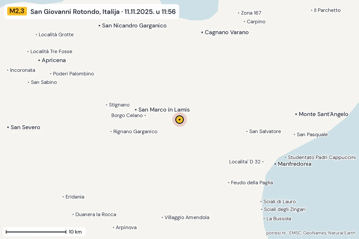 Karta: okolica epicentra, 60 km, potres M2,3, San Giovanni Rotondo, Italija, 11.11.2025.