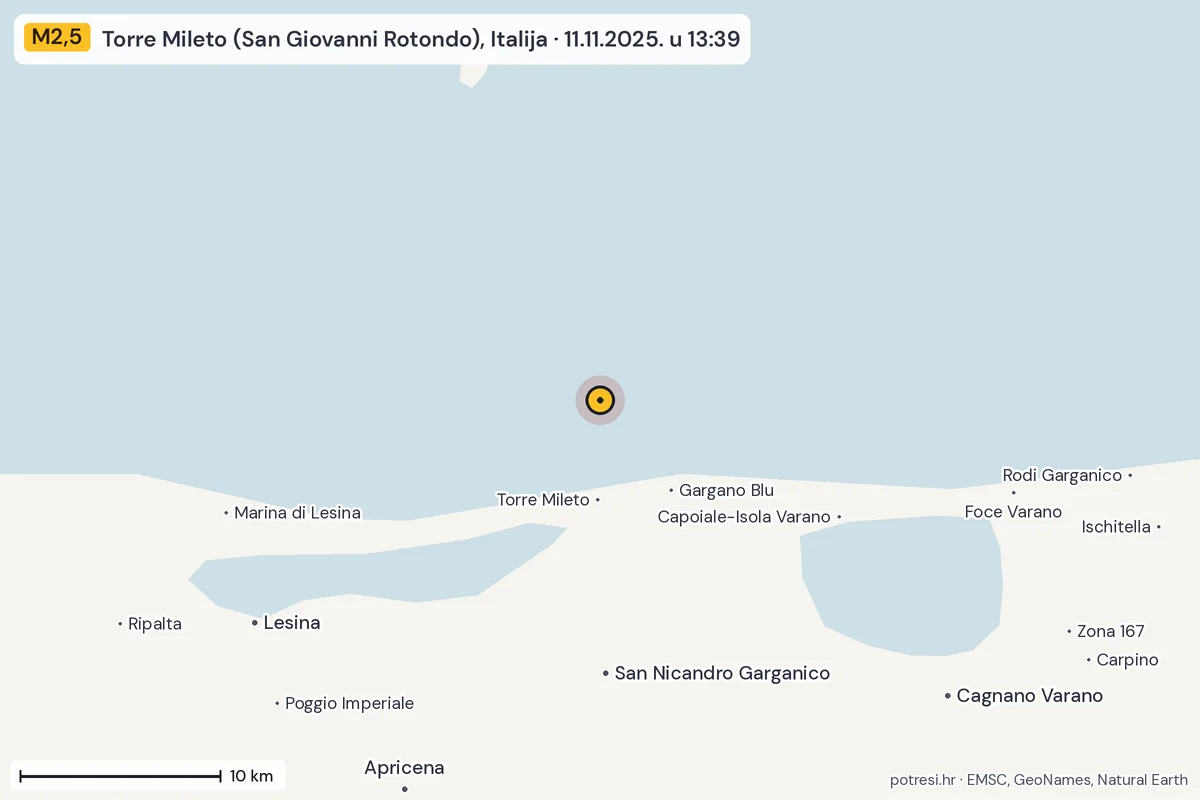 Karta: okolica epicentra, 60 km, potres M2,5, Torre Mileto (San Giovanni Rotondo), Italija, 11.11.2025.