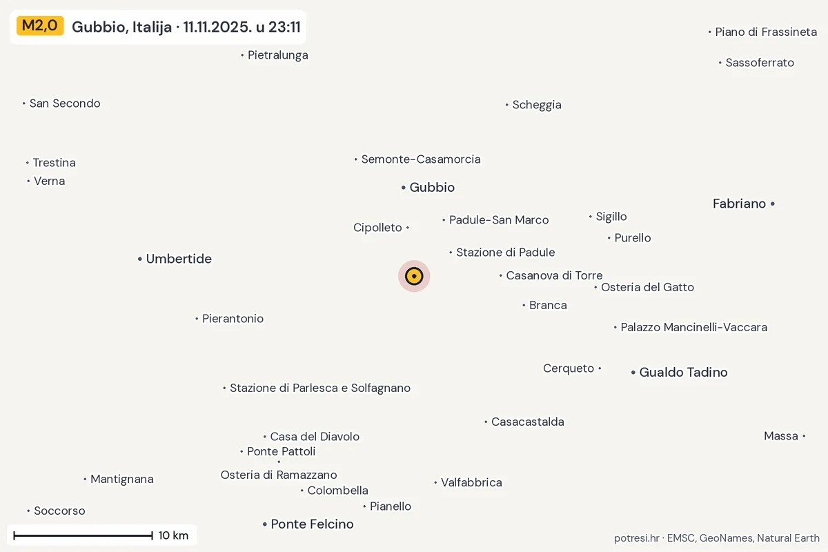 Karta: okolica epicentra, 60 km, potres M2,0, Gubbio, Italija, 11.11.2025.