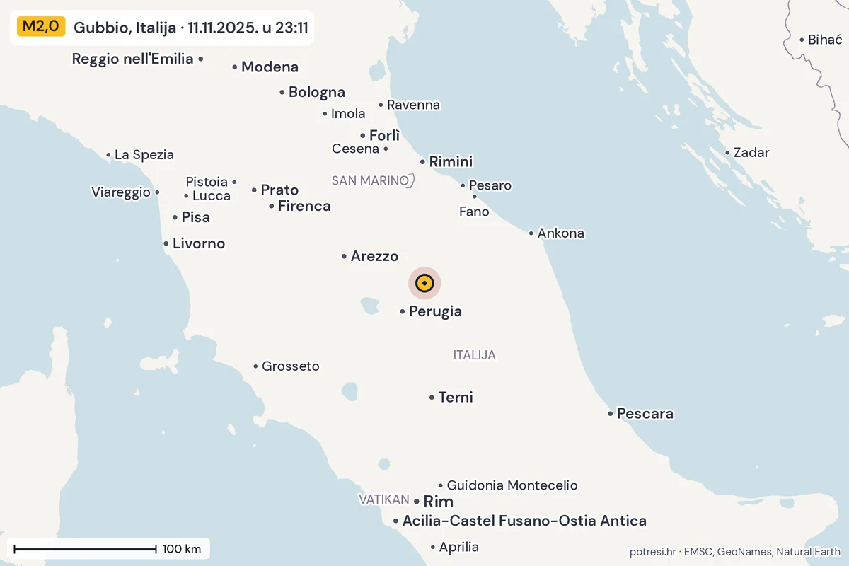 Karta: šire područje, 600 km, potres M2,0, Gubbio, Italija, 11.11.2025.