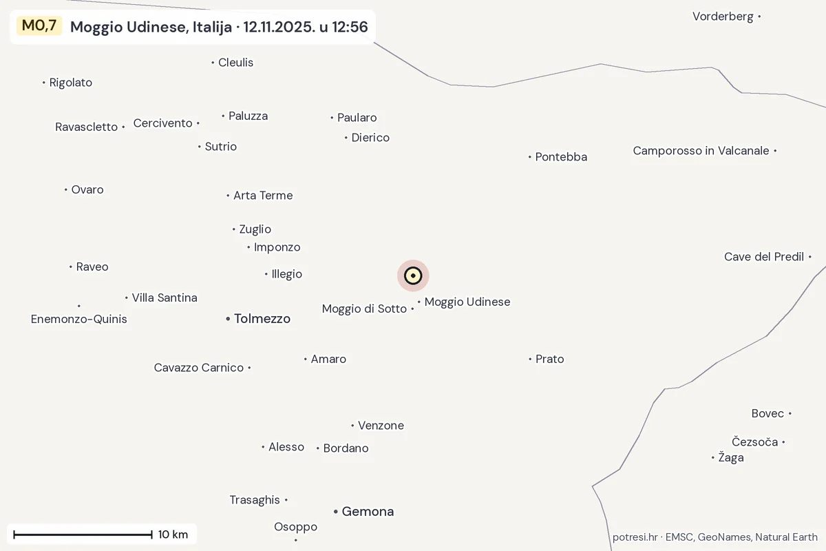 Karta: okolica epicentra, 60 km, potres M0,7, Moggio Udinese, Italija, 12.11.2025.