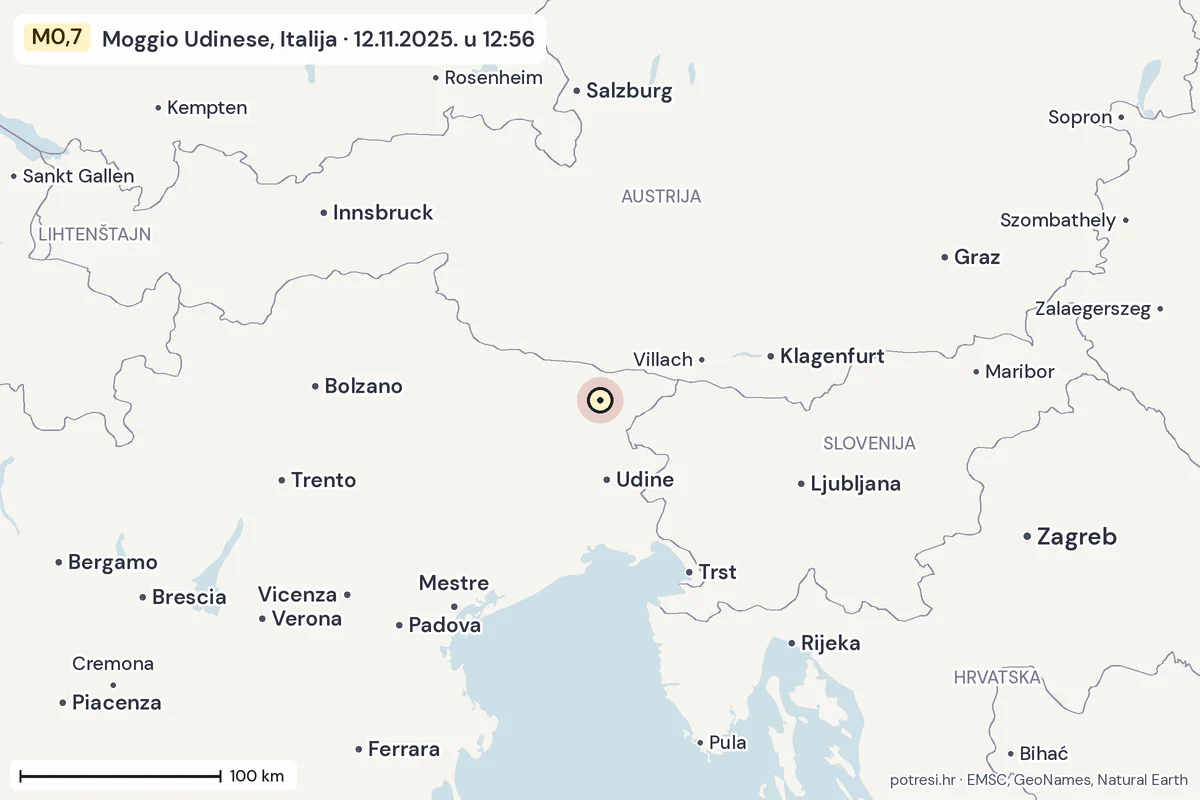 Karta: šire područje, 600 km, potres M0,7, Moggio Udinese, Italija, 12.11.2025.