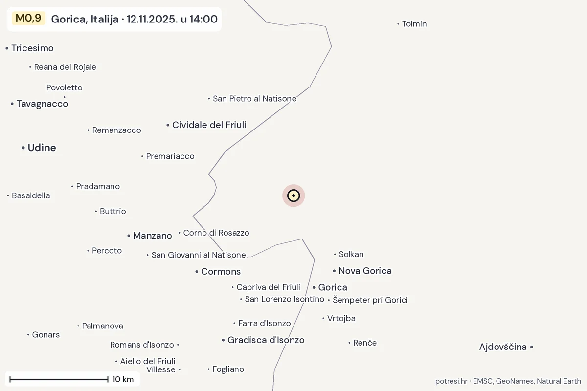 Karta: okolica epicentra, 60 km, potres M0,9, Gorica, Italija, 12.11.2025.