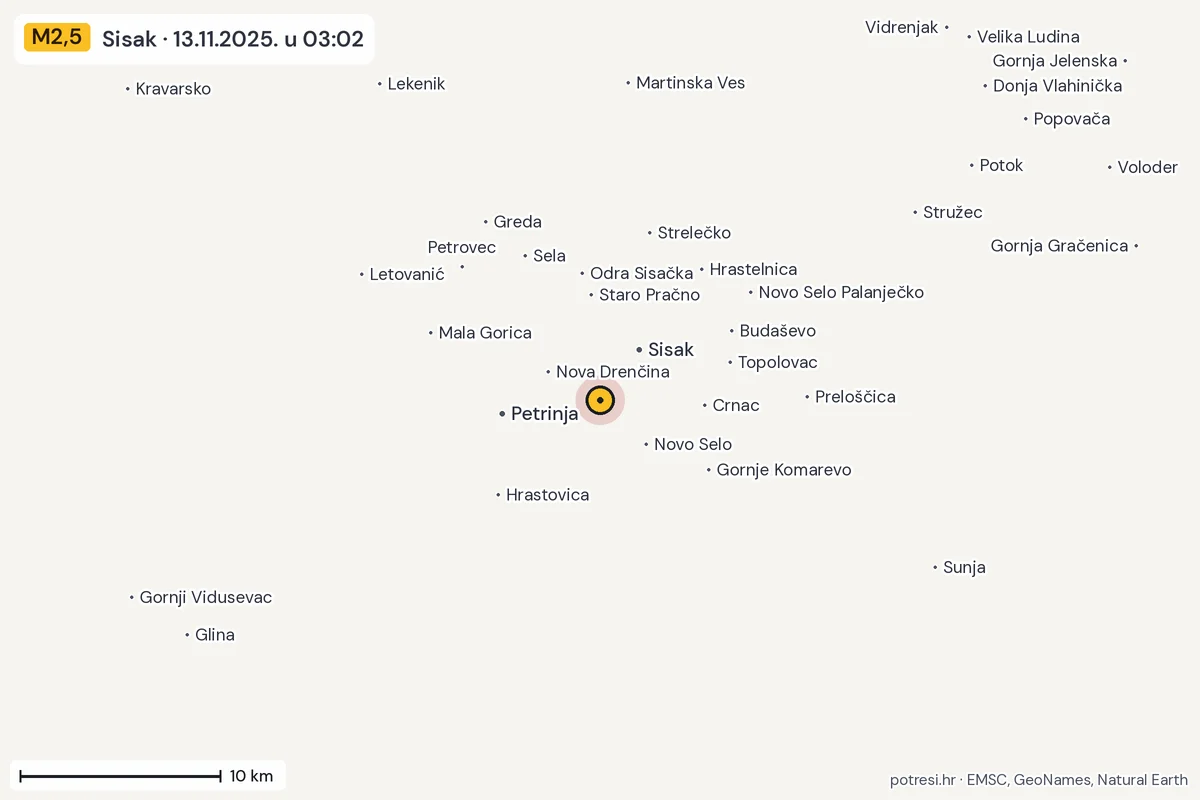 Karta: okolica epicentra, 60 km, potres M2,5, Sisak, 13.11.2025.