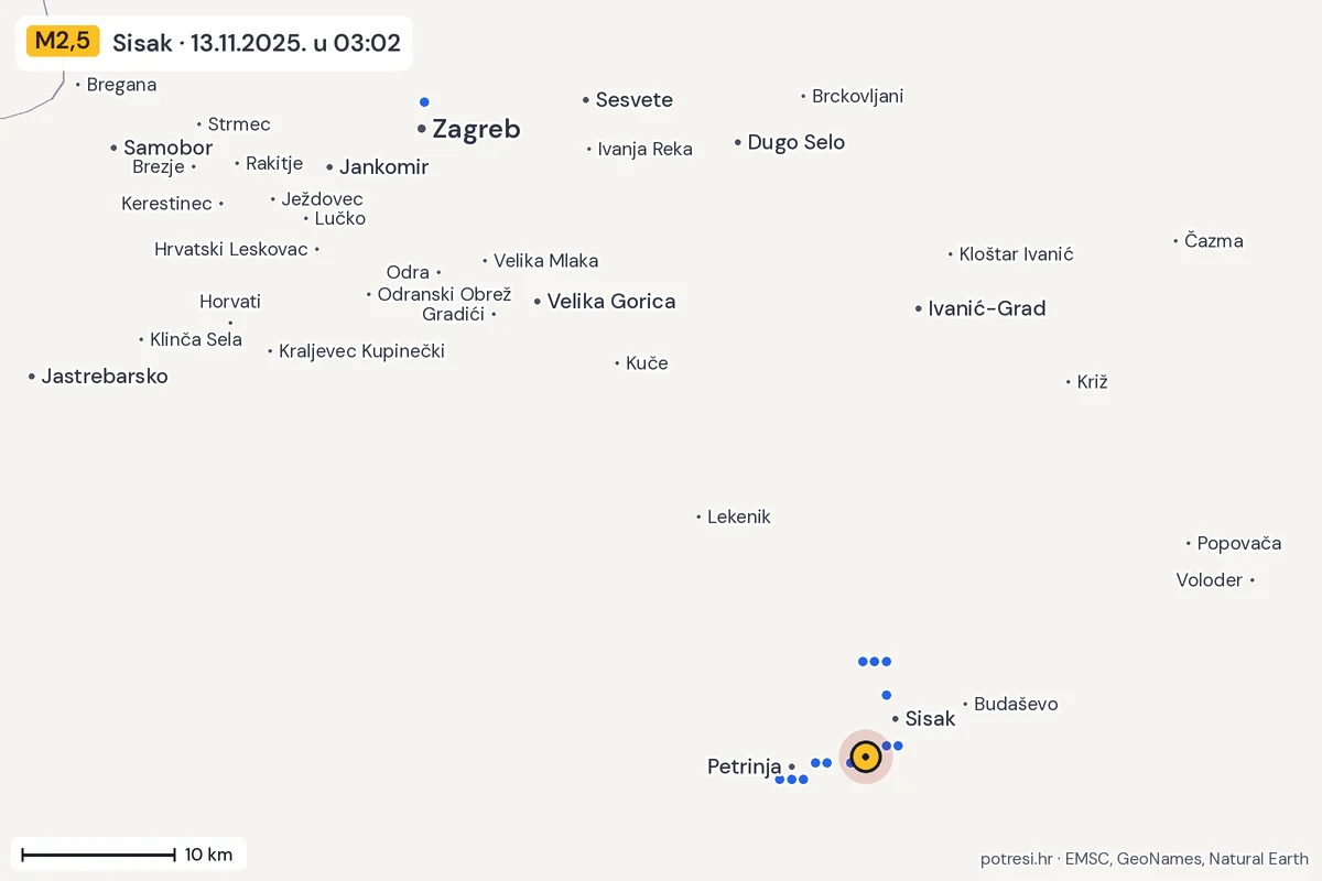 Karta: izvješća građana, potres M2,5, Sisak, 13.11.2025.