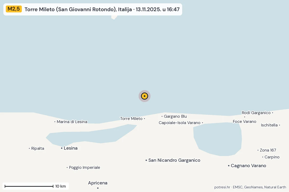 Karta: okolica epicentra, 60 km, potres M2,5, Torre Mileto (San Giovanni Rotondo), Italija, 13.11.2025.