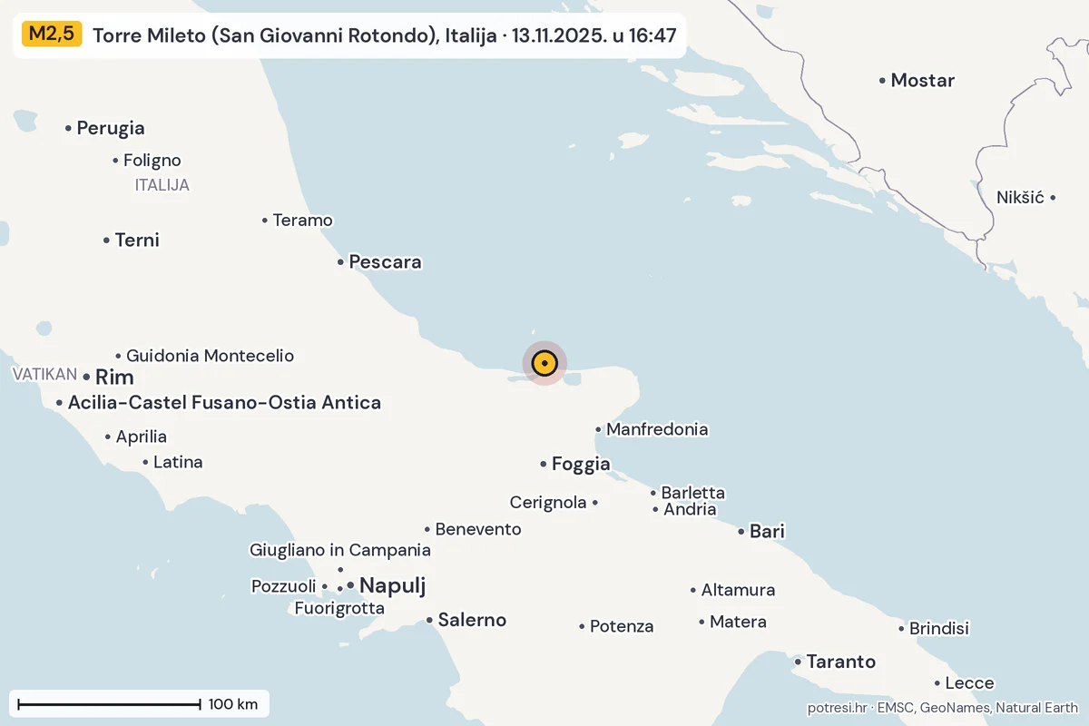 Karta: šire područje, 600 km, potres M2,5, Torre Mileto (San Giovanni Rotondo), Italija, 13.11.2025.