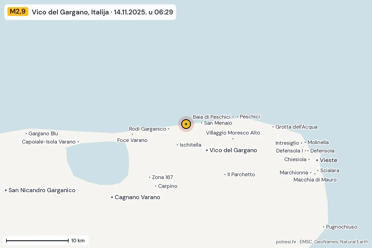 Karta: okolica epicentra, 60 km, potres M2,9, Vico del Gargano, Italija, 14.11.2025.