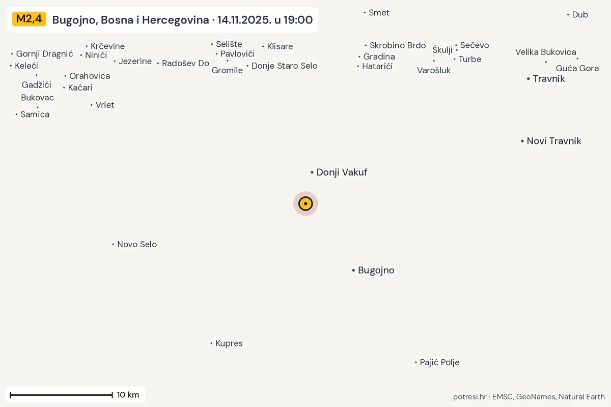 Karta: okolica epicentra, 60 km, potres M2,4, Bugojno, Bosna i Hercegovina, 14.11.2025.