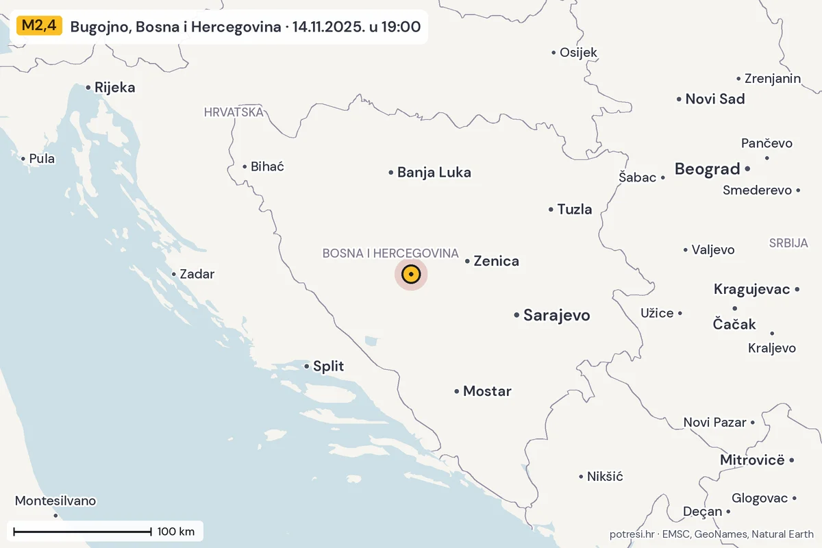 Karta: šire područje, 600 km, potres M2,4, Bugojno, Bosna i Hercegovina, 14.11.2025.