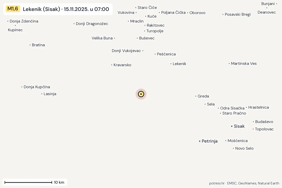 Karta: okolica epicentra, 60 km, potres M1,6, Lekenik (Sisak), 15.11.2025.