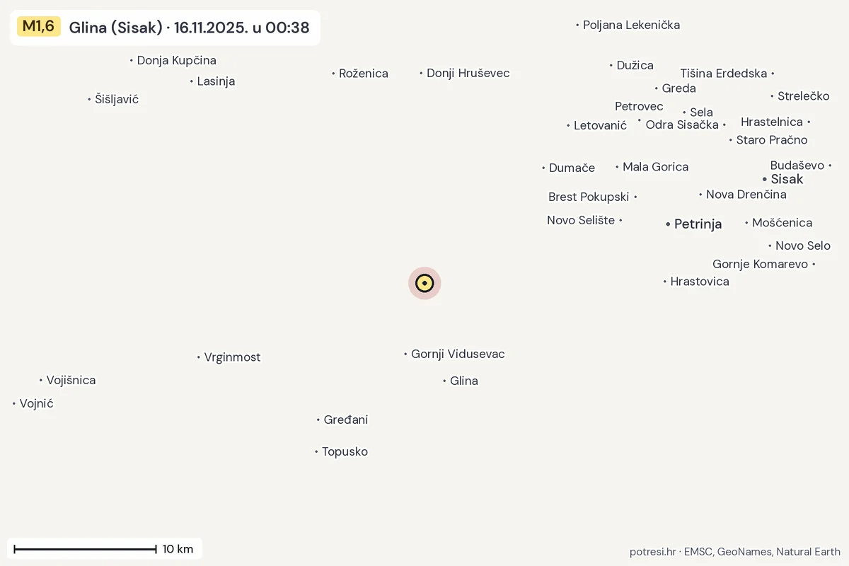 Karta: okolica epicentra, 60 km, potres M1,6, Glina (Sisak), 16.11.2025.