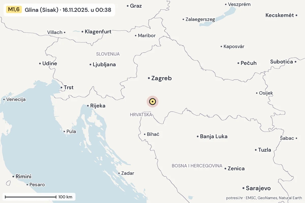 Karta: šire područje, 600 km, potres M1,6, Glina (Sisak), 16.11.2025.