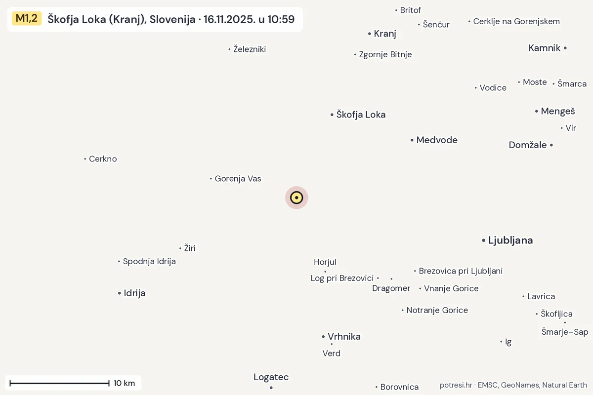 Karta: okolica epicentra, 60 km, potres M1,2, Škofja Loka (Kranj), Slovenija, 16.11.2025.