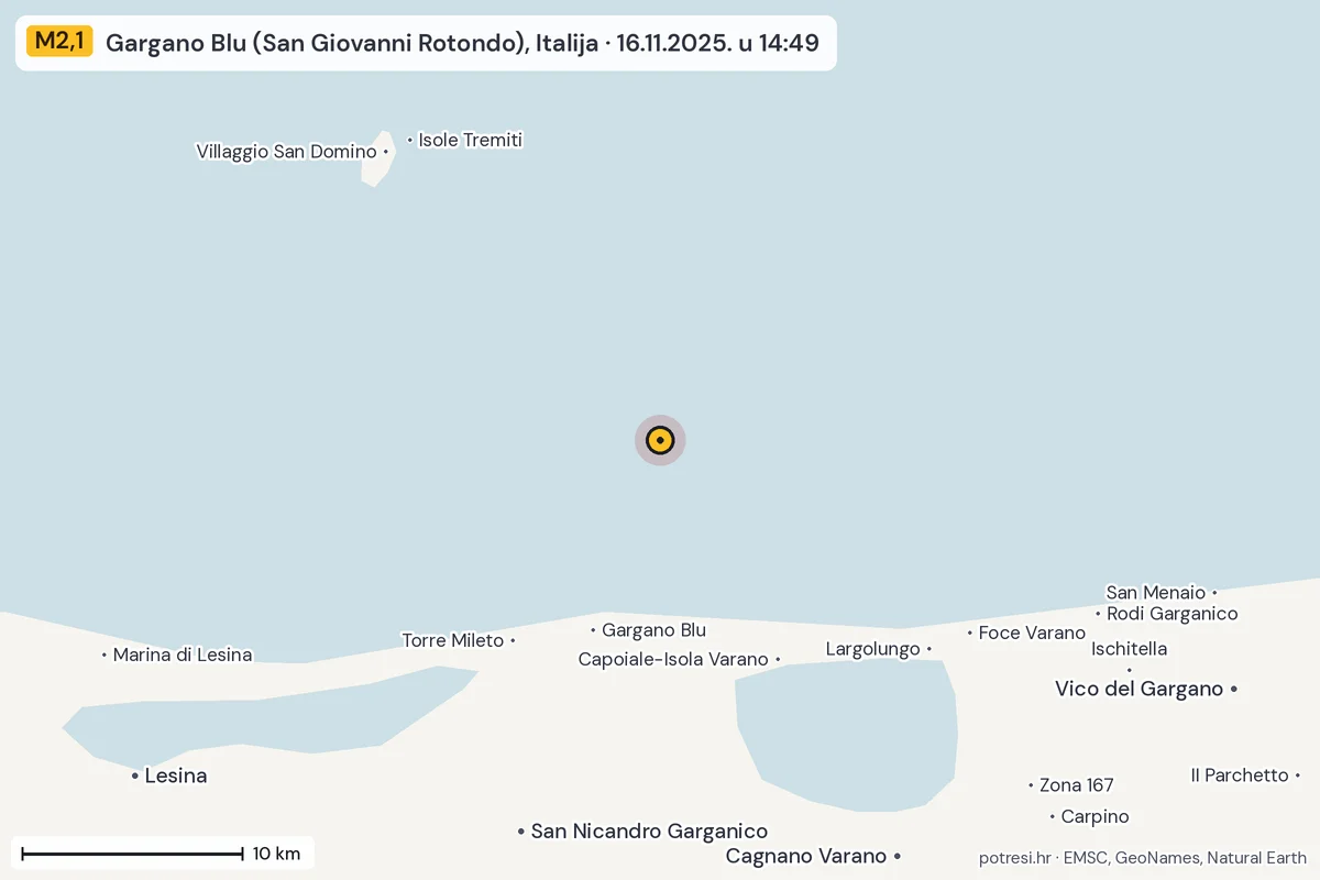 Karta: okolica epicentra, 60 km, potres M2,1, Gargano Blu (San Giovanni Rotondo), Italija, 16.11.2025.