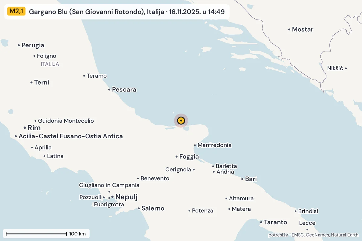 Karta: šire područje, 600 km, potres M2,1, Gargano Blu (San Giovanni Rotondo), Italija, 16.11.2025.