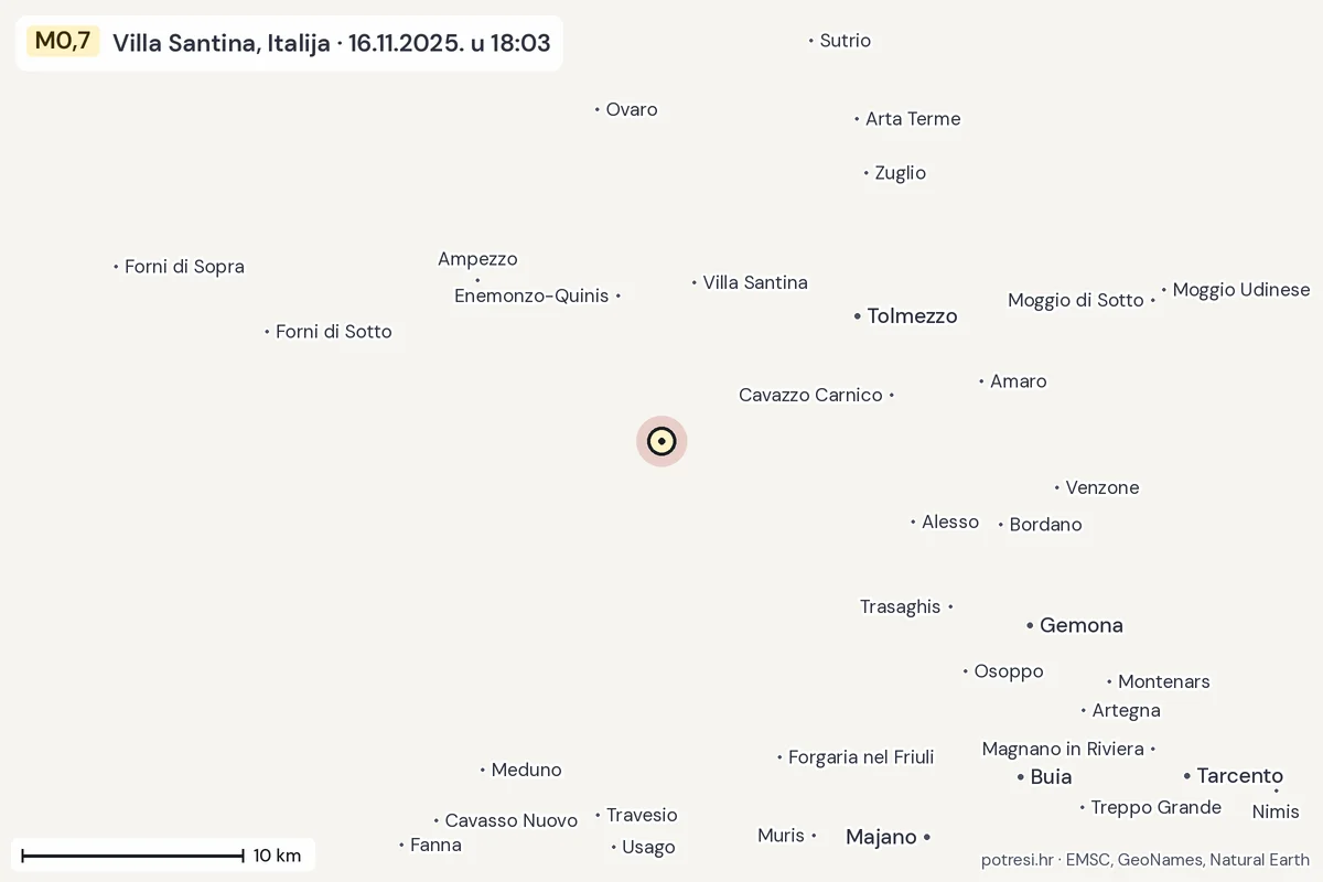 Karta: okolica epicentra, 60 km, potres M0,7, Villa Santina, Italija, 16.11.2025.