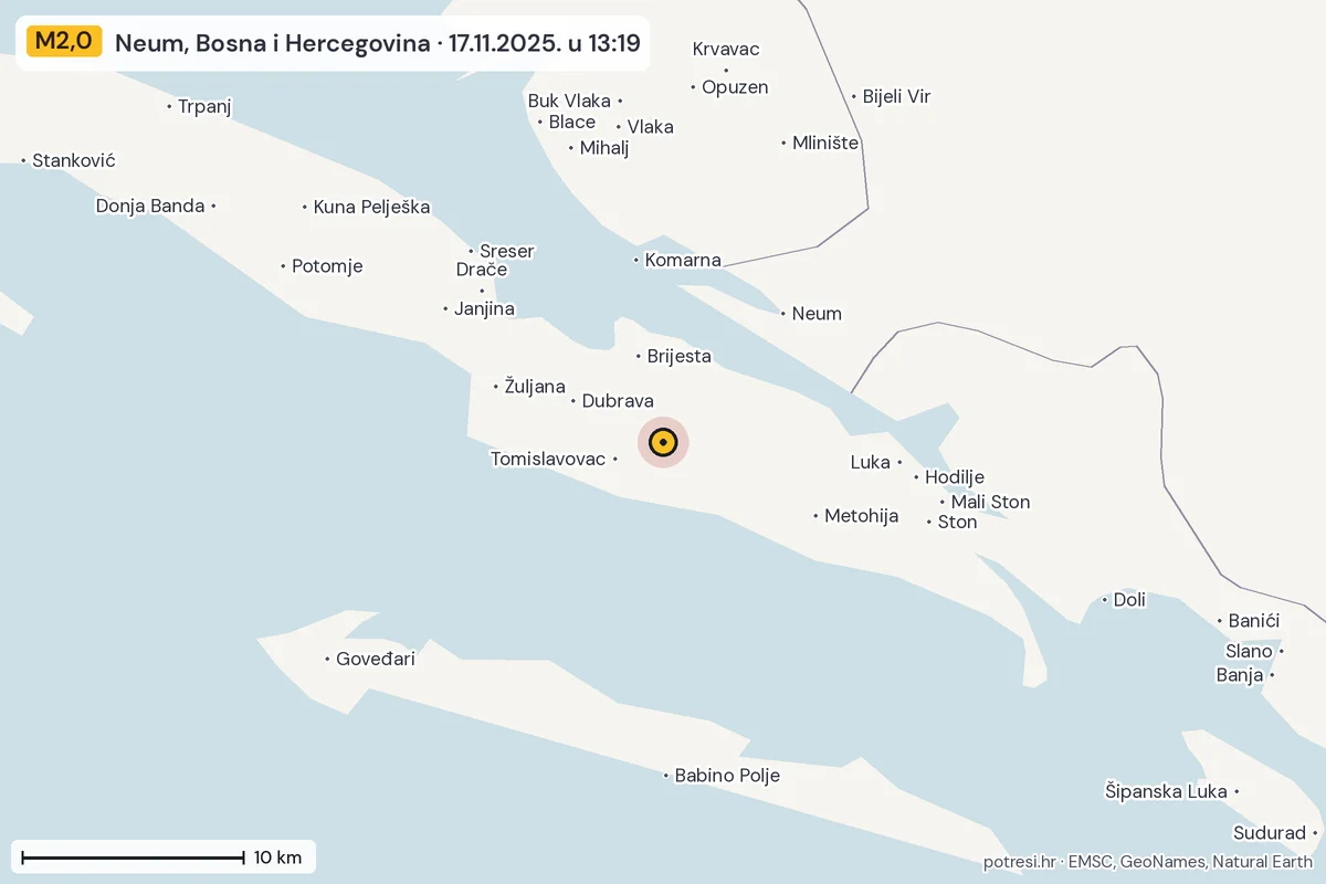 Karta: okolica epicentra, 60 km, potres M2,0, Neum, Bosna i Hercegovina, 17.11.2025.
