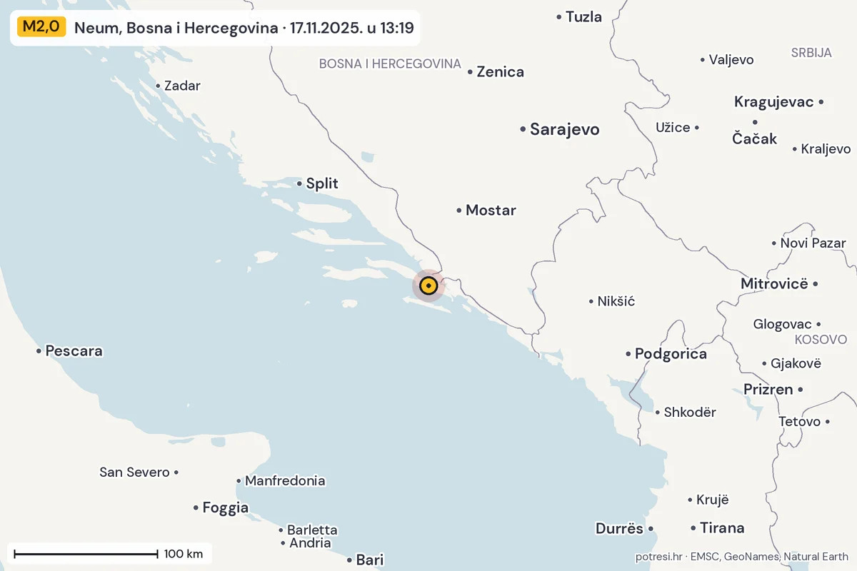 Karta: šire područje, 600 km, potres M2,0, Neum, Bosna i Hercegovina, 17.11.2025.