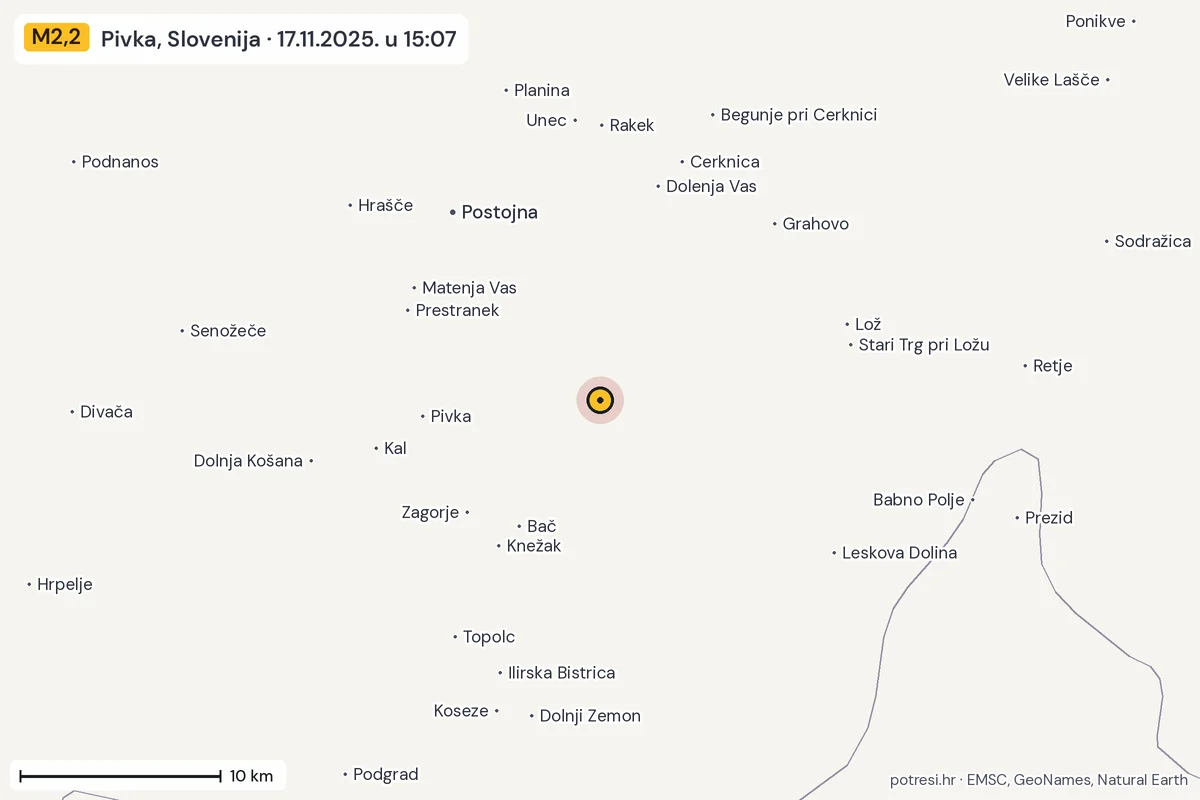 Karta: okolica epicentra, 60 km, potres M2,2, Pivka, Slovenija, 17.11.2025.